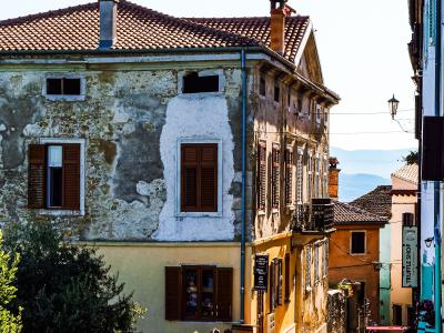 Sunlit cobblestone street in picturesque Motovun, Croatia, capturing vintage Italian-style architecture.